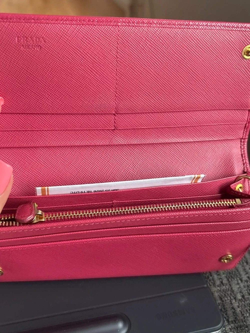 Prada Pink Saffiano Bow Wristlet with Gold Hardware